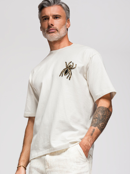Ombre Clothing Muška majica s aplikacijom pauka od kamčića i zlatnih perli – slonovača V2 OM-TSCT-0277 Ombre Clothing