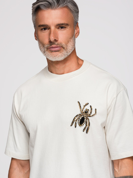 Ombre Clothing Muška majica s aplikacijom pauka od kamčića i zlatnih perli – slonovača V2 OM-TSCT-0277 Ombre Clothing