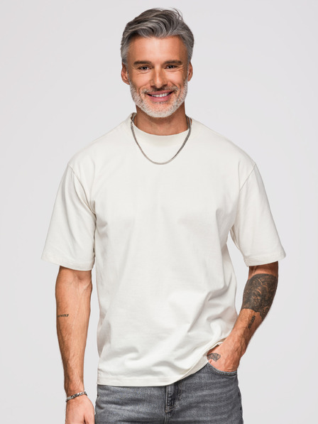 Ombre Clothing Muška majica opuštenog kroja sa srebrno-crnom aplikacijom pantera od šljokica i perli na leđima – slomljena bijela V2 OM-TSCT-0279 Ombre Clothing