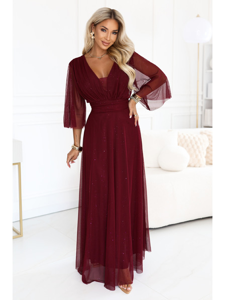 numoco Duge sjajne haljine plus size s izrezom i prozirnom rukavom - bordo