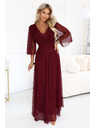 numoco Duge sjajne haljine plus size s izrezom i prozirnom rukavom - bordo