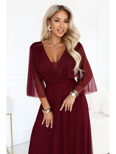 numoco Duge sjajne haljine plus size s izrezom i prozirnom rukavom - bordo