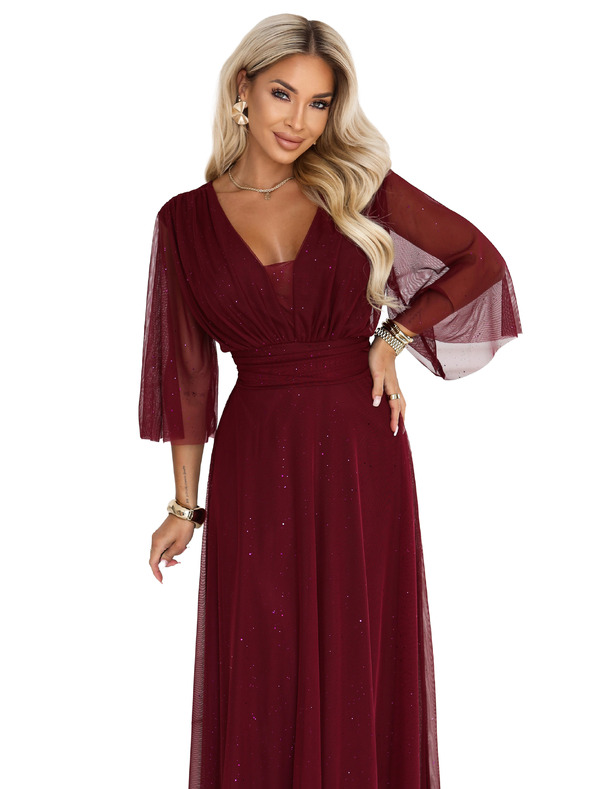 numoco Duge sjajne haljine plus size s izrezom i prozirnom rukavom - bordo