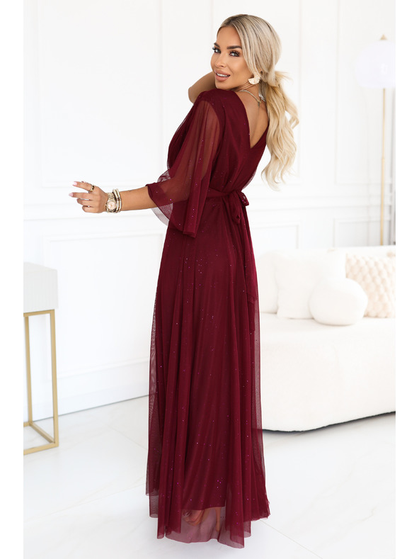 numoco Duge sjajne haljine plus size s izrezom i prozirnom rukavom - bordo