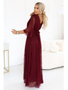 numoco Duge sjajne haljine plus size s izrezom i prozirnom rukavom - bordo