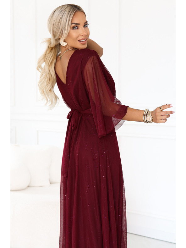 numoco Duge sjajne haljine plus size s izrezom i prozirnom rukavom - bordo