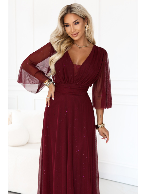 numoco Duge sjajne haljine plus size s izrezom i prozirnom rukavom - bordo
