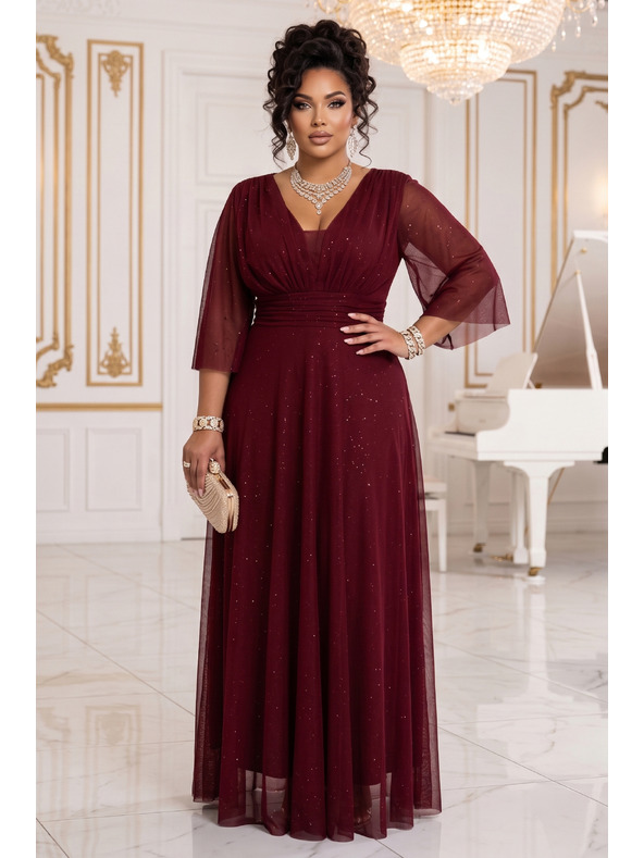 numoco Duge sjajne haljine plus size s izrezom i prozirnom rukavom - bordo