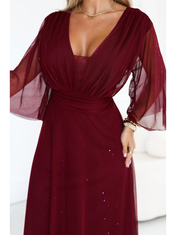 numoco Duge sjajne haljine plus size s izrezom i prozirnom rukavom - bordo