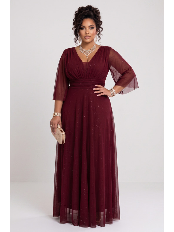 numoco Duge sjajne haljine plus size s izrezom i prozirnom rukavom - bordo