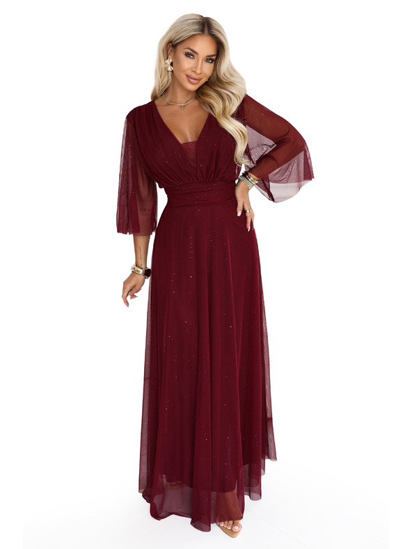 numoco Duge sjajne haljine plus size s izrezom i prozirnom rukavom - bordo