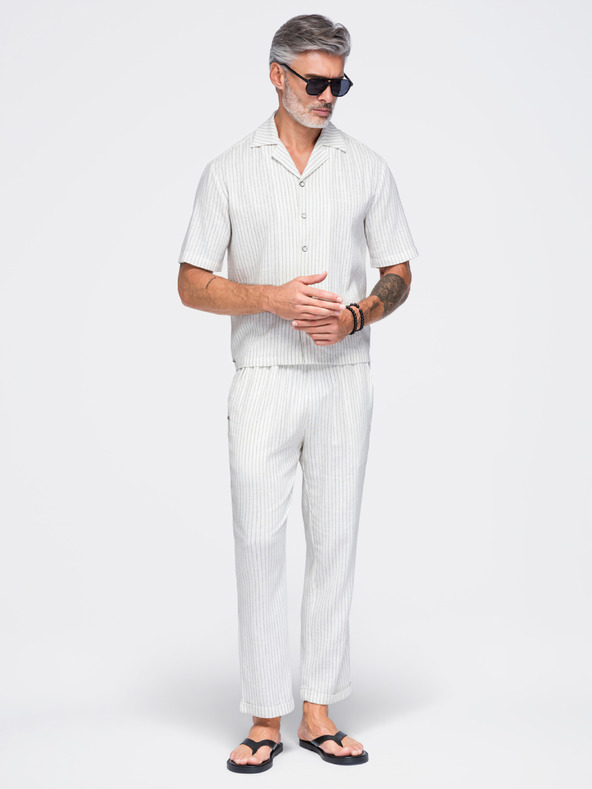 Ombre Clothing Muške hlače od viskoznе i lana sa prugama – slomljena bela V1 OM-PACP-0311 Ombre Clothing