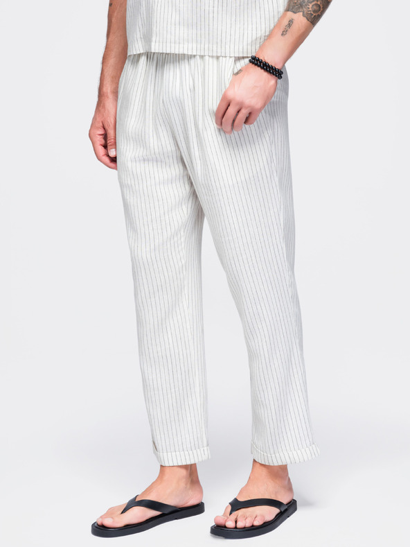 Ombre Clothing Muške hlače od viskoznе i lana sa prugama – slomljena bela V1 OM-PACP-0311 Ombre Clothing