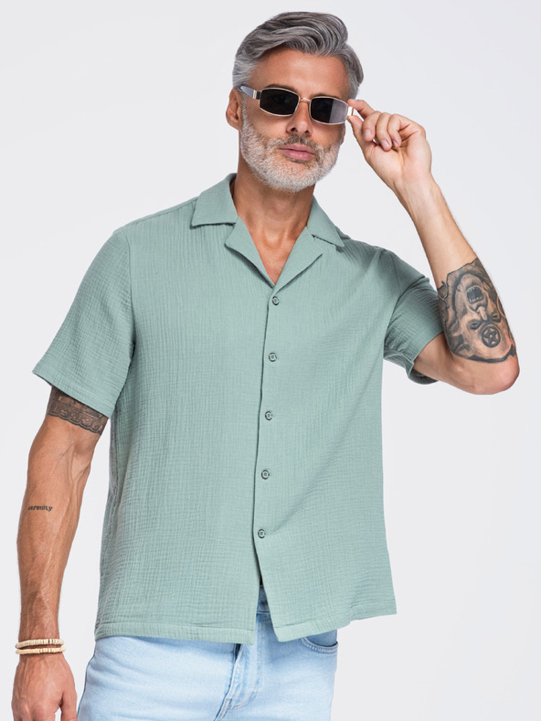 Ombre Clothing Muska muslinasta košulja sa kubanskim ovratnikom – pastelno zelena V3 OM-SHSS-0223 Ombre Clothing