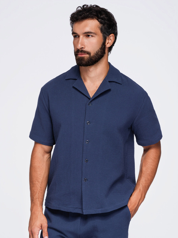 Ombre Clothing Muska pamucna košulja sa kubanskim ovratnikom – tamno plava V1 OM-SHSS-0220 Ombre Clothing