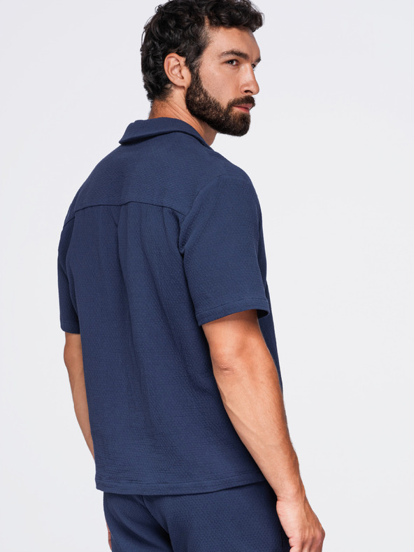 Ombre Clothing Muska pamucna košulja sa kubanskim ovratnikom – tamno plava V1 OM-SHSS-0220 Ombre Clothing