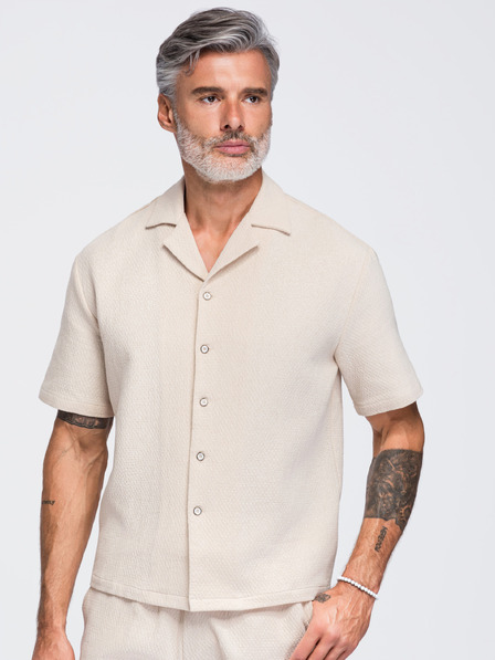 Ombre Clothing Muska pamucna košulja sa kubanskim ovratnikom – slonovaca kost V2 OM-SHSS-0220 Ombre Clothing