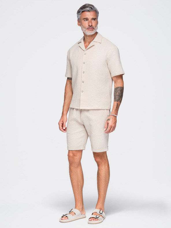 Ombre Clothing Muska pamucna košulja sa kubanskim ovratnikom – slonovaca kost V2 OM-SHSS-0220 Ombre Clothing