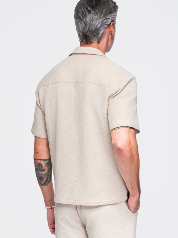 Ombre Clothing Muska pamucna košulja sa kubanskim ovratnikom – slonovaca kost V2 OM-SHSS-0220 Ombre Clothing