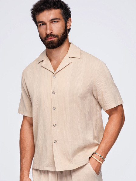 Ombre Clothing Muska pamucna košulja sa kubanskim ovratnikom – svetlo braon V1 OM-SHSS-0221 Ombre Clothing