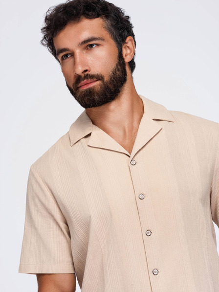 Ombre Clothing Muska pamucna košulja sa kubanskim ovratnikom – svetlo braon V1 OM-SHSS-0221 Ombre Clothing