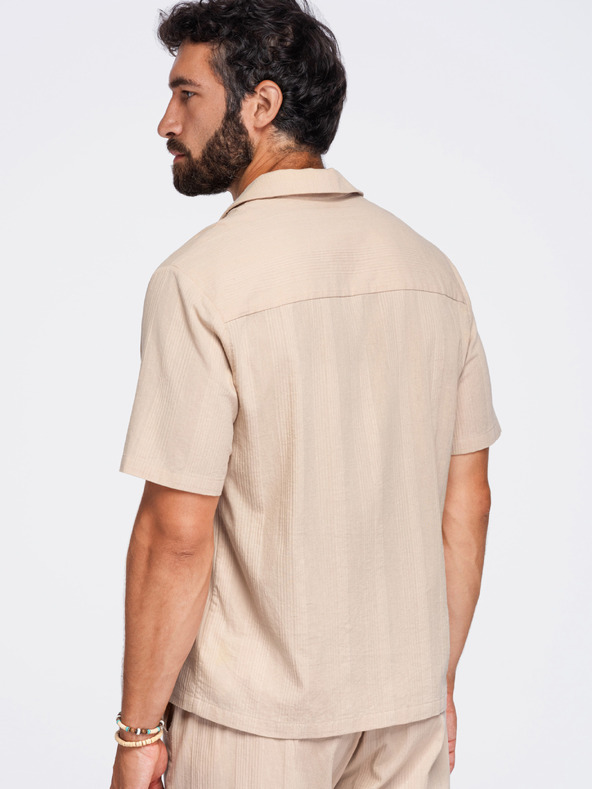 Ombre Clothing Muska pamucna košulja sa kubanskim ovratnikom – svetlo braon V1 OM-SHSS-0221 Ombre Clothing