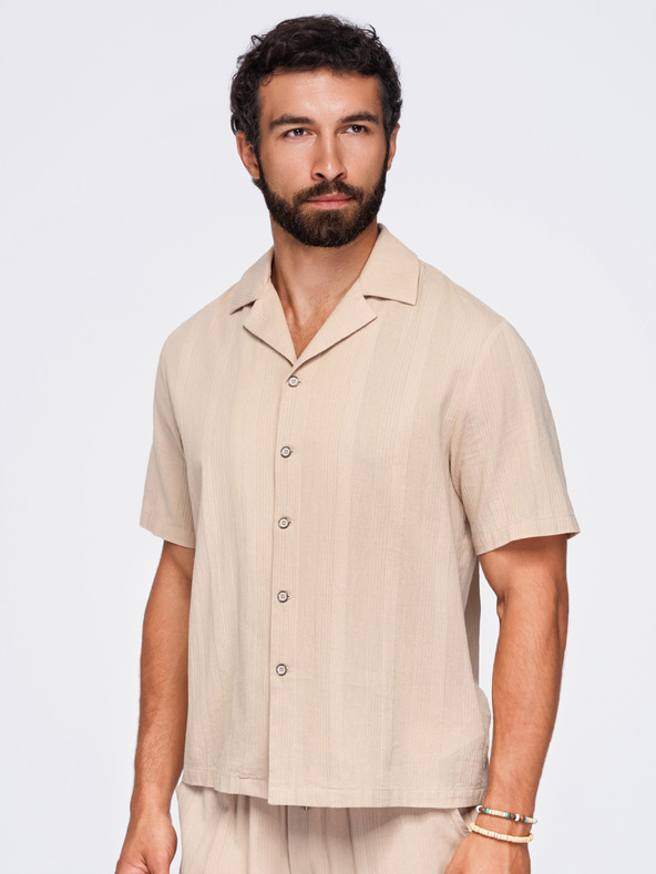 Ombre Clothing Muska pamucna košulja sa kubanskim ovratnikom – svetlo braon V1 OM-SHSS-0221 Ombre Clothing