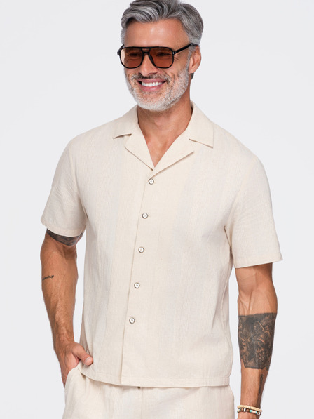 Ombre Clothing Muska pamucna košulja sa kubanskim ovratnikom – krem V3 OM-SHSS-0221 Ombre Clothing