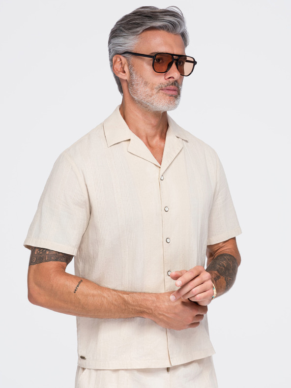 Ombre Clothing Muska pamucna košulja sa kubanskim ovratnikom – krem V3 OM-SHSS-0221 Ombre Clothing
