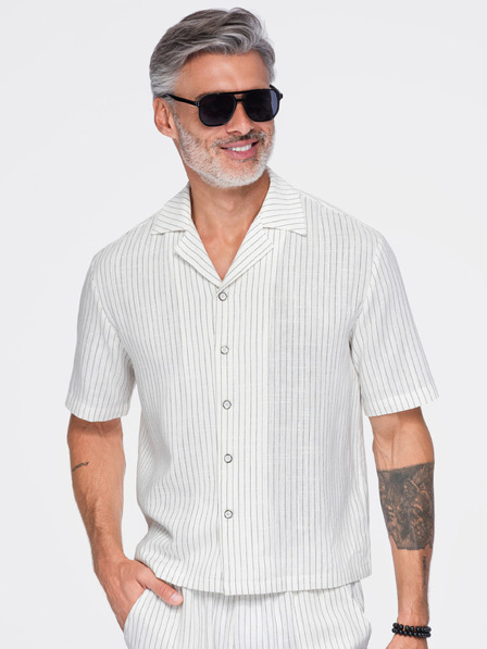 Ombre Clothing Muska prugasta košulja regular kroja od viskoze i lana sa kubanskim ovratnikom – slonovaca kost V1 OM-SHSS-0222 Ombre Clothing