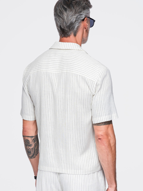 Ombre Clothing Muska prugasta košulja regular kroja od viskoze i lana sa kubanskim ovratnikom – slonovaca kost V1 OM-SHSS-0222 Ombre Clothing