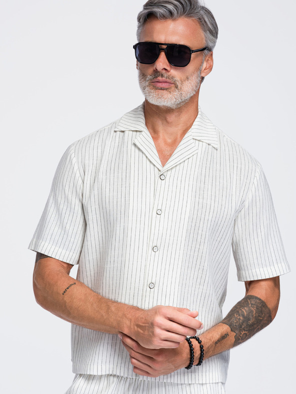 Ombre Clothing Muska prugasta košulja regular kroja od viskoze i lana sa kubanskim ovratnikom – slonovaca kost V1 OM-SHSS-0222 Ombre Clothing