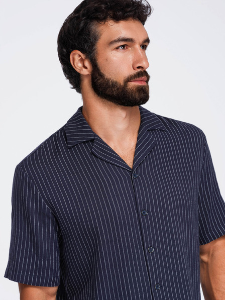 Ombre Clothing Muska prugasta košulja regular kroja od viskoze i lana sa kubanskim ovratnikom – tamno plava V2 OM-SHSS-0222 Ombre Clothing