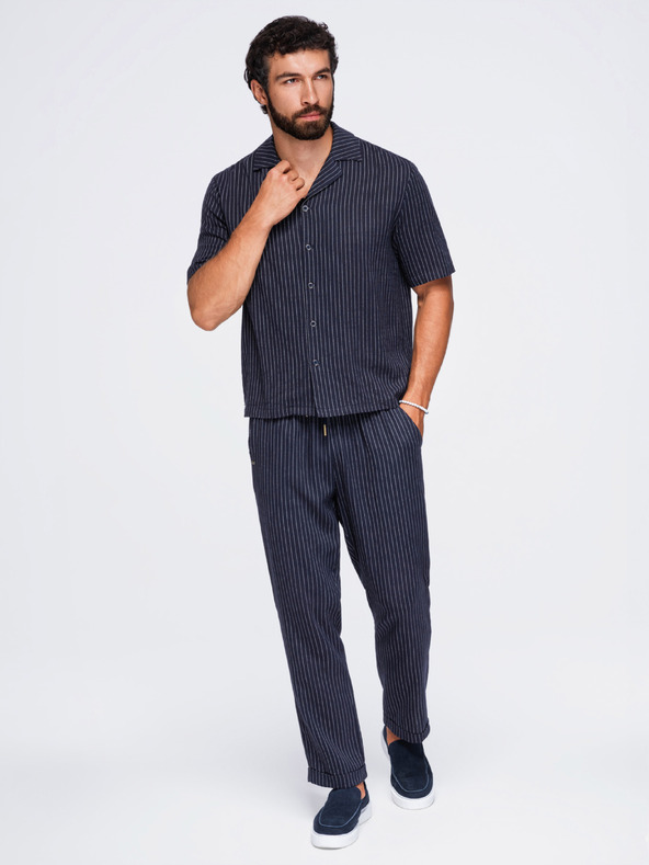 Ombre Clothing Muska prugasta košulja regular kroja od viskoze i lana sa kubanskim ovratnikom – tamno plava V2 OM-SHSS-0222 Ombre Clothing
