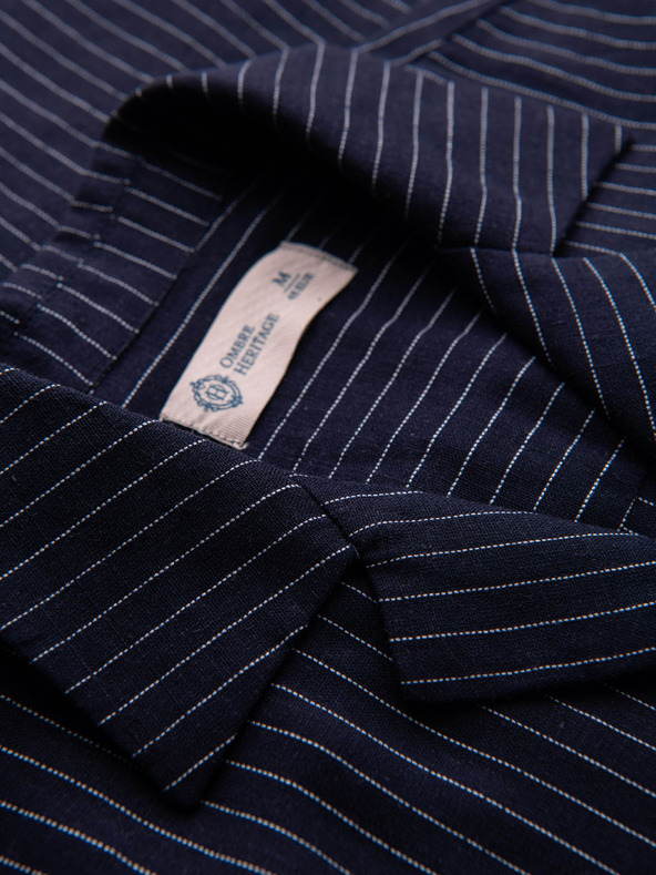Ombre Clothing Muska prugasta košulja regular kroja od viskoze i lana sa kubanskim ovratnikom – tamno plava V2 OM-SHSS-0222 Ombre Clothing