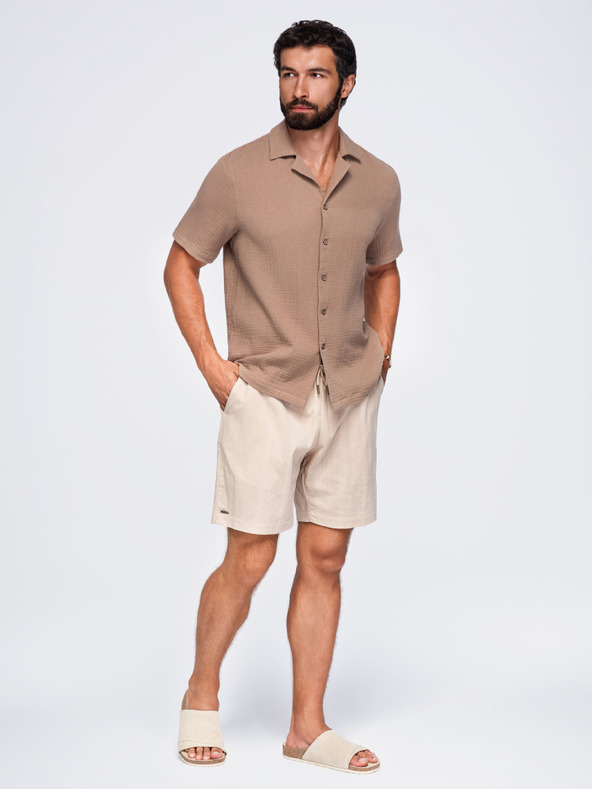 Ombre Clothing Muska muslinasta košulja sa kubanskim ovratnikom – svetlo braon V2 OM-SHSS-0223 Ombre Clothing