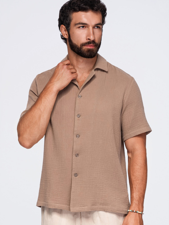 Ombre Clothing Muska muslinasta košulja sa kubanskim ovratnikom – svetlo braon V2 OM-SHSS-0223 Ombre Clothing
