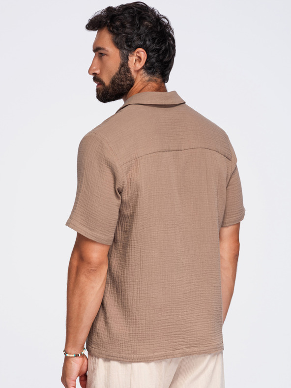 Ombre Clothing Muska muslinasta košulja sa kubanskim ovratnikom – svetlo braon V2 OM-SHSS-0223 Ombre Clothing