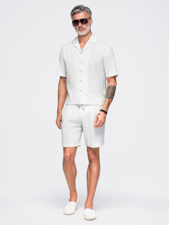 Ombre Clothing Muske viskozno-lanene kratke hlače REGULAR FIT sa prugama – slonovaca kost V1 OM-SRCS-0208 Ombre Clothing