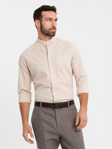 Ombre Clothing Muška lnena košulja sa stojećim ovratnikom i džepom, kroj REGULAR FIT – kremasta V3 K704 Ombre Clothing