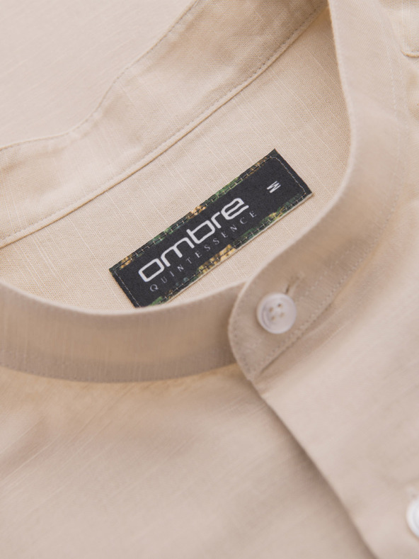 Ombre Clothing Muška lnena košulja sa stojećim ovratnikom i džepom, kroj REGULAR FIT – kremasta V3 K704 Ombre Clothing