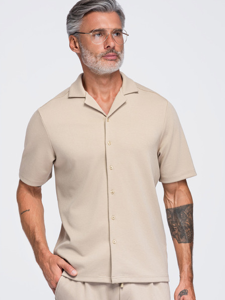Ombre Clothing Muška košulja s kratkim rukavima i kubanskim ovratnikom – bež V3 OM-SHCS-0220 Ombre Clothing