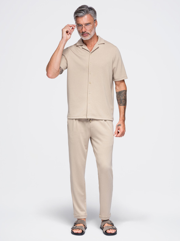 Ombre Clothing Muška košulja s kratkim rukavima i kubanskim ovratnikom – bež V3 OM-SHCS-0220 Ombre Clothing