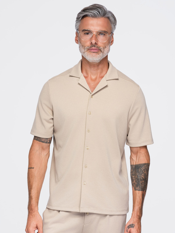 Ombre Clothing Muška košulja s kratkim rukavima i kubanskim ovratnikom – bež V3 OM-SHCS-0220 Ombre Clothing