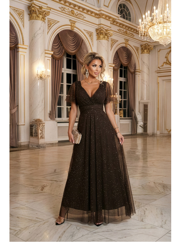 numoco MELANIA duge, sjajne haljine s izrezom i kratkim rukavima - čokolada