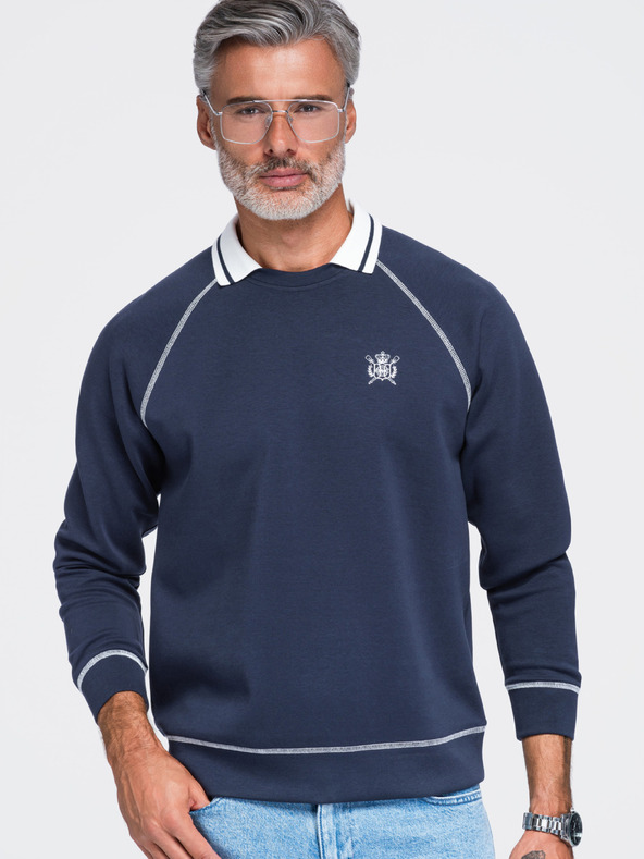 Ombre Clothing Muška dukserica s vezom i kontrastnim ovratnikom – tamno plava V1 OM-SSNZ-0269 Ombre Clothing