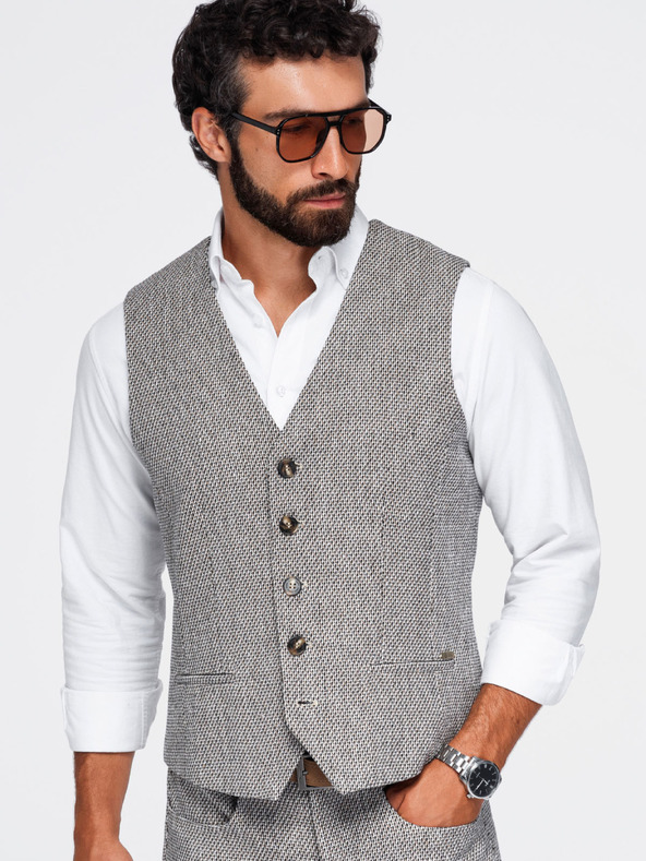 Ombre Clothing Muški strukturirani prsluk za odijelo – smeđa melanž V1 OM-BLZV-0155 Ombre Clothing
