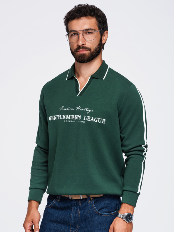 Ombre Clothing Muška majica s ovratnikom i V izrezom sa vezom na prsima – tamno zelena V3 OM-SSNZ-0268 Ombre Clothing