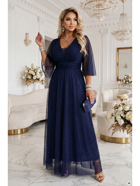 numoco Duge sjajne haljine plus size s izrezom i prozirnim rukavom - tamno plava