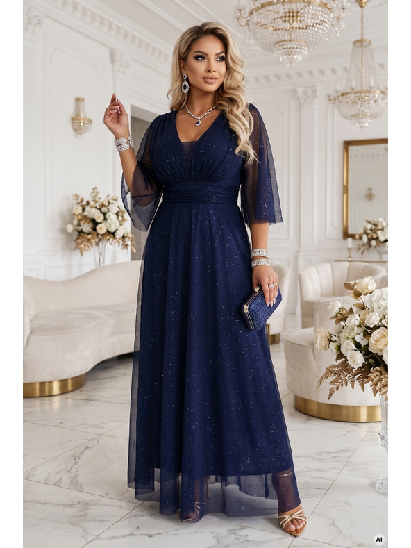 numoco Duge sjajne haljine plus size s izrezom i prozirnim rukavom - tamno plava